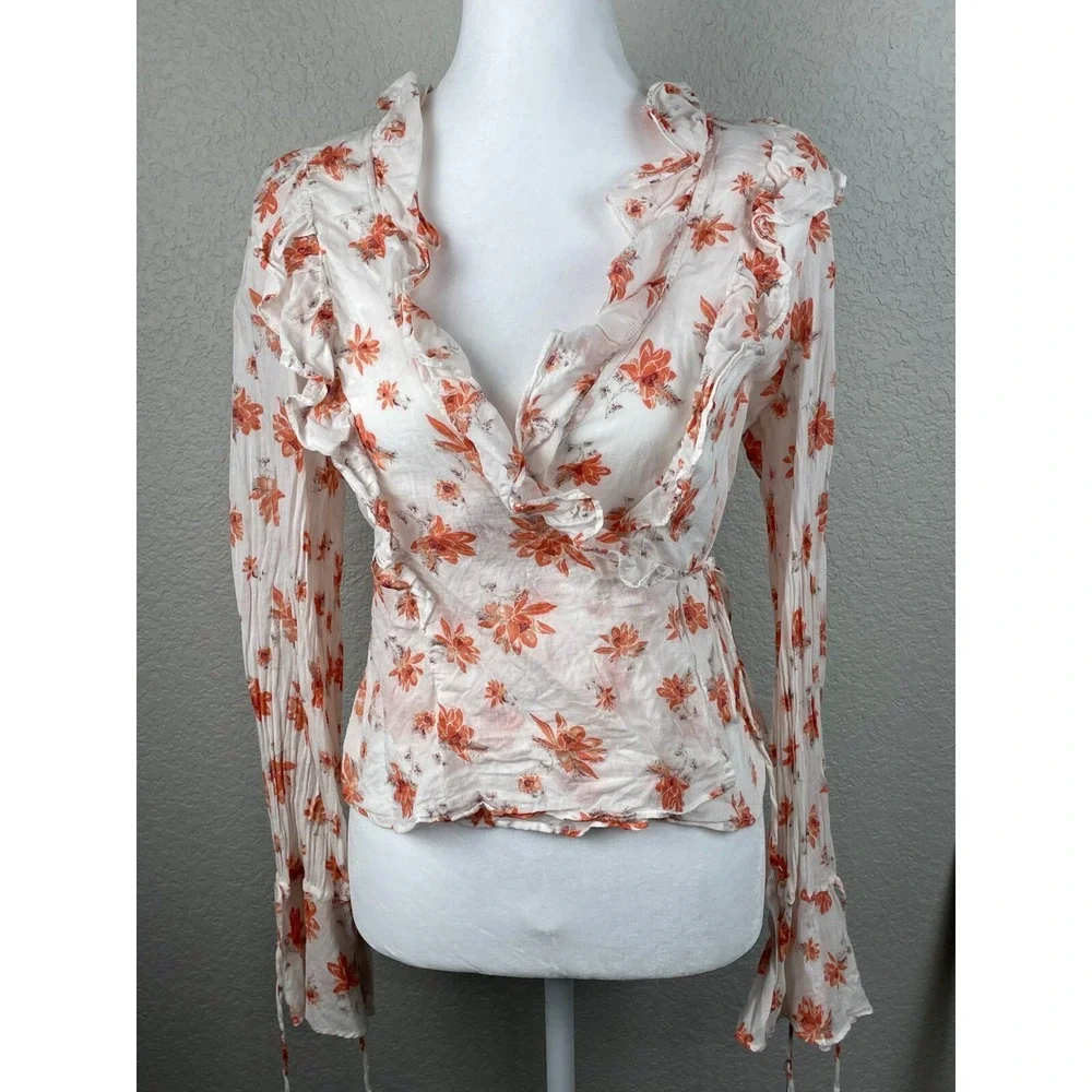 Free People Amanda Ruffle Floral Wrap Top‎ Ivory Cottagecore Romantic Blouse
